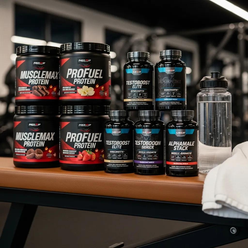 Selection of legal performance-enhancer supplements including MuscleMax Protein, ProFuel Protein, Testoboost Elite, and Alphamale Stack displayed in a gym setting, highlighting options for athletes and fitness enthusiasts.