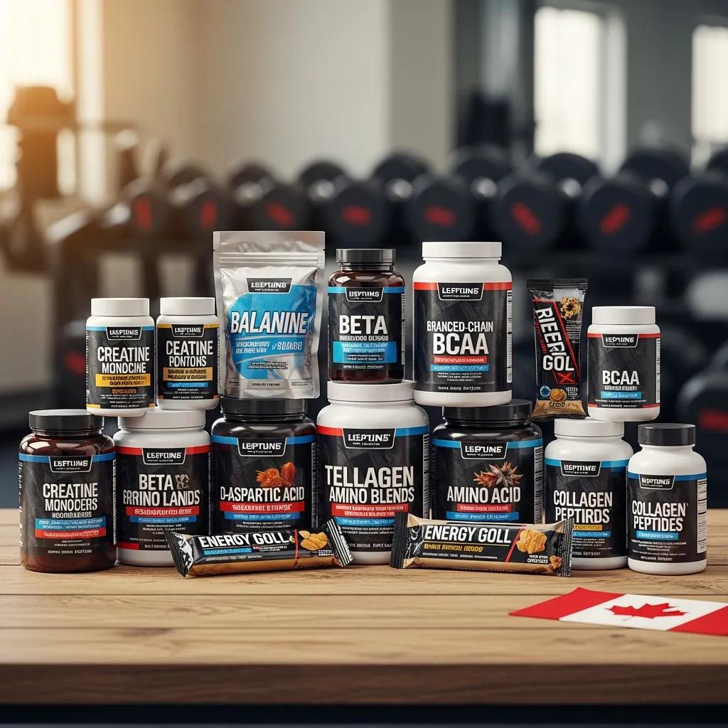 Selection of legal performance enhancers including testosterone boosters, amino acids, and creatine supplements on a wooden table in a gym setting, featuring products from Leptin's brand, with a Canadian flag in the foreground.