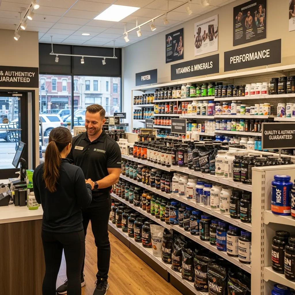 Customer interaction in a supplement store, showcasing a variety of performance enhancers, vitamins, and minerals on shelves, emphasizing quality and authenticity in Edmonton.