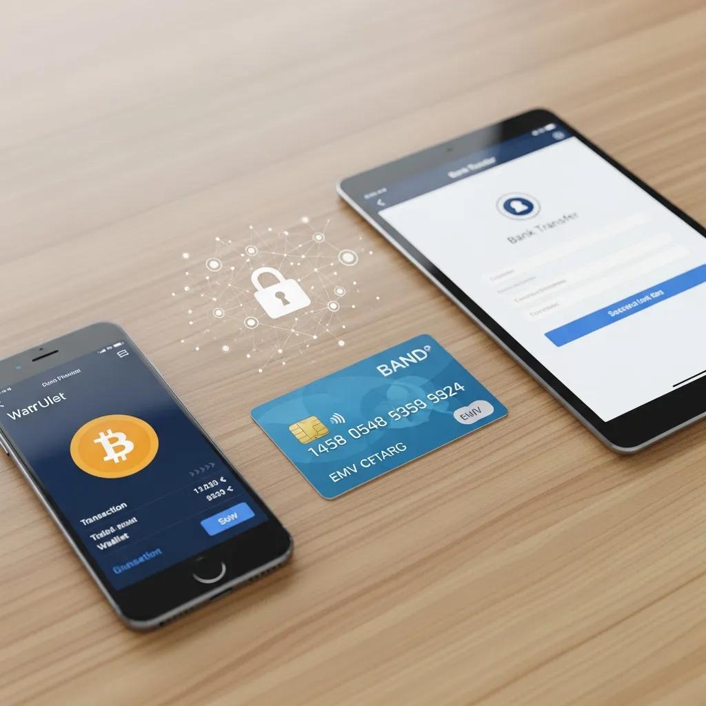 Smartphone displaying cryptocurrency wallet, credit card on wooden surface, tablet showing bank transfer interface, security lock icon, emphasizing secure payment methods for online purchases.
