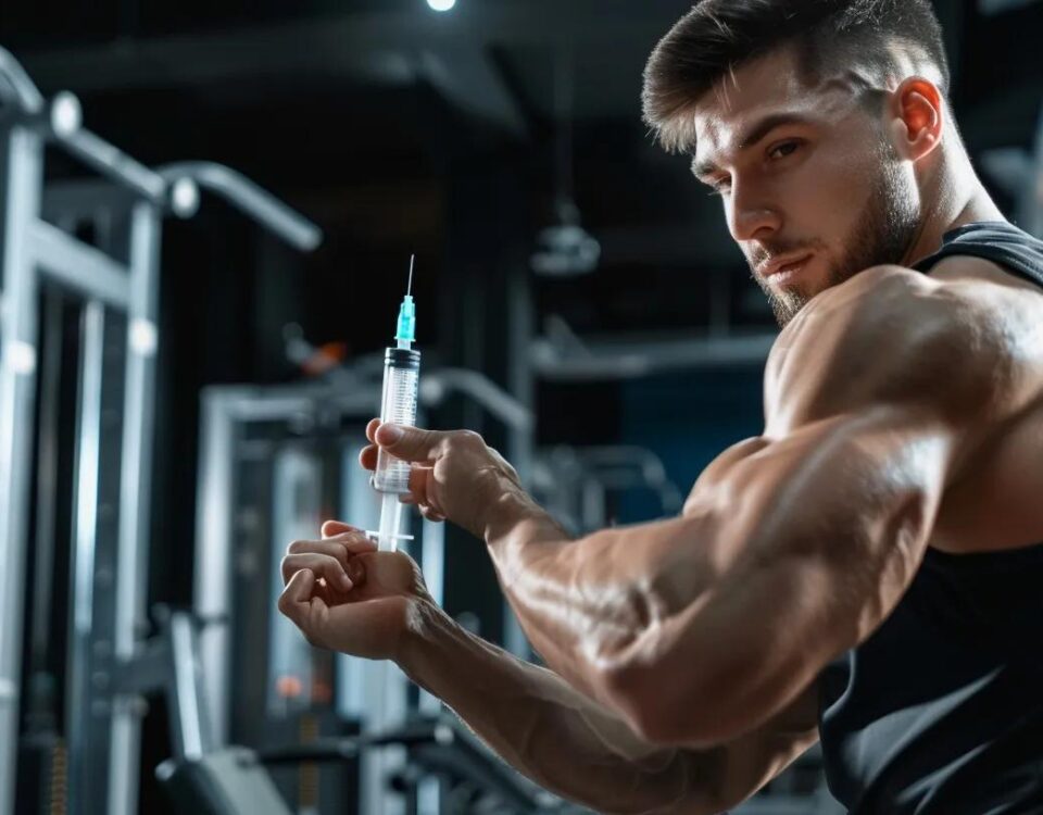 Fitness enthusiast administering Testosterone Enanthate in a gym, highlighting performance enhancement