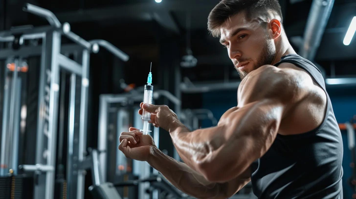 Fitness enthusiast administering Testosterone Enanthate in a gym, highlighting performance enhancement