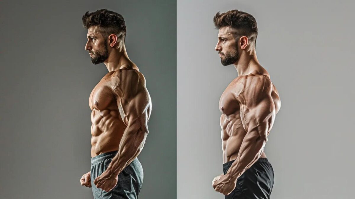 Before-and-after image of a muscular man showcasing significant muscle gain and body definition, illustrating results from Ostarine use.