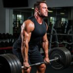 Athlete lifting heavy weights in a gym, showcasing muscle growth and strength, relevant to testosterone enanthate benefits for performance enhancement.