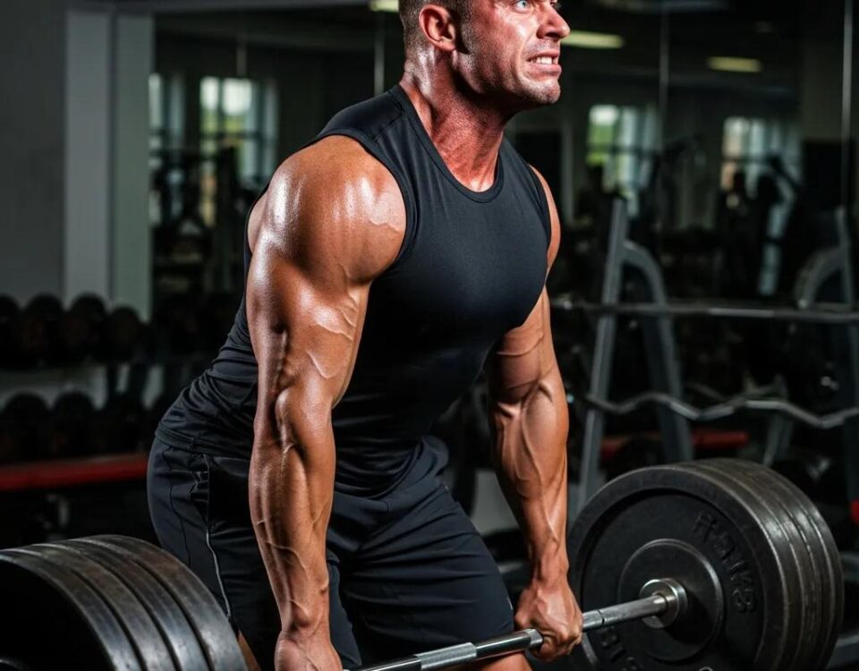 Athlete lifting weights in a gym, representing muscle growth and testosterone enanthate benefits