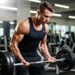 Athlete lifting weights in a gym, showcasing muscle growth and performance enhancement related to testosterone enanthate benefits.