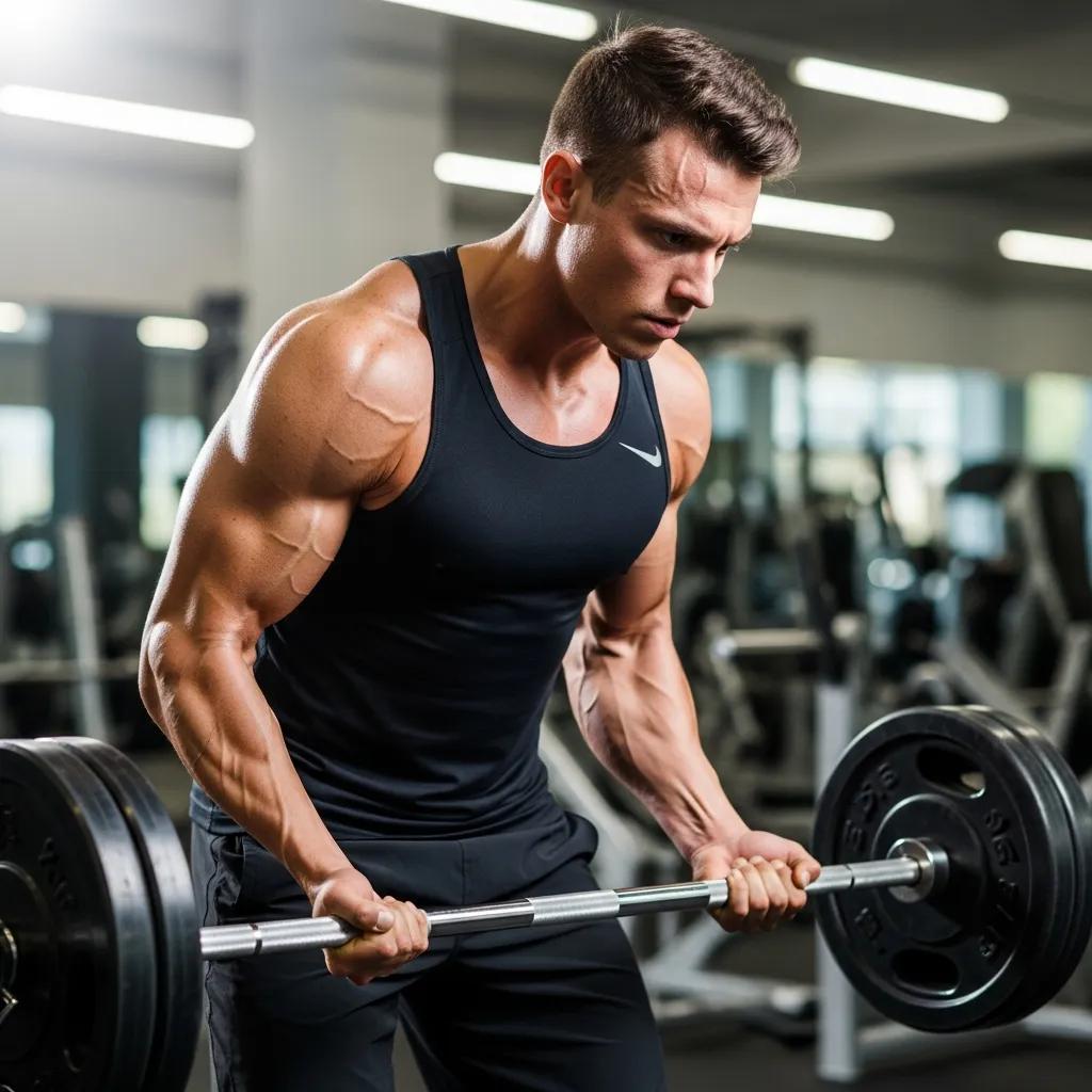 Athlete lifting weights in a gym, showcasing muscle definition and strength, representing the performance-enhancing effects of testosterone enanthate.