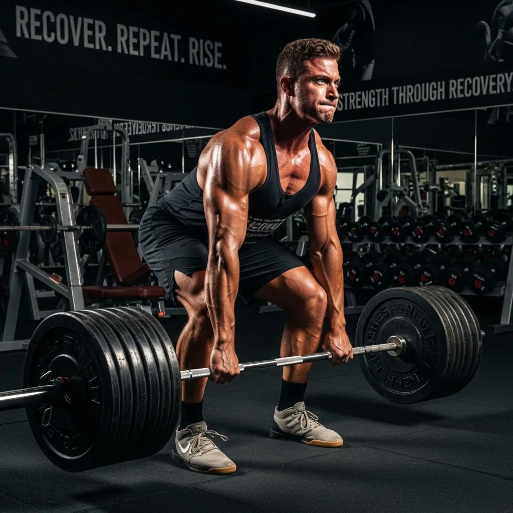 Athlete lifting heavy weights in a gym, emphasizing muscle recovery and performance enhancement, related to Testosterone Enanthate benefits for faster recovery.