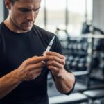 Athlete preparing peptide injection for muscle recovery in a gym setting