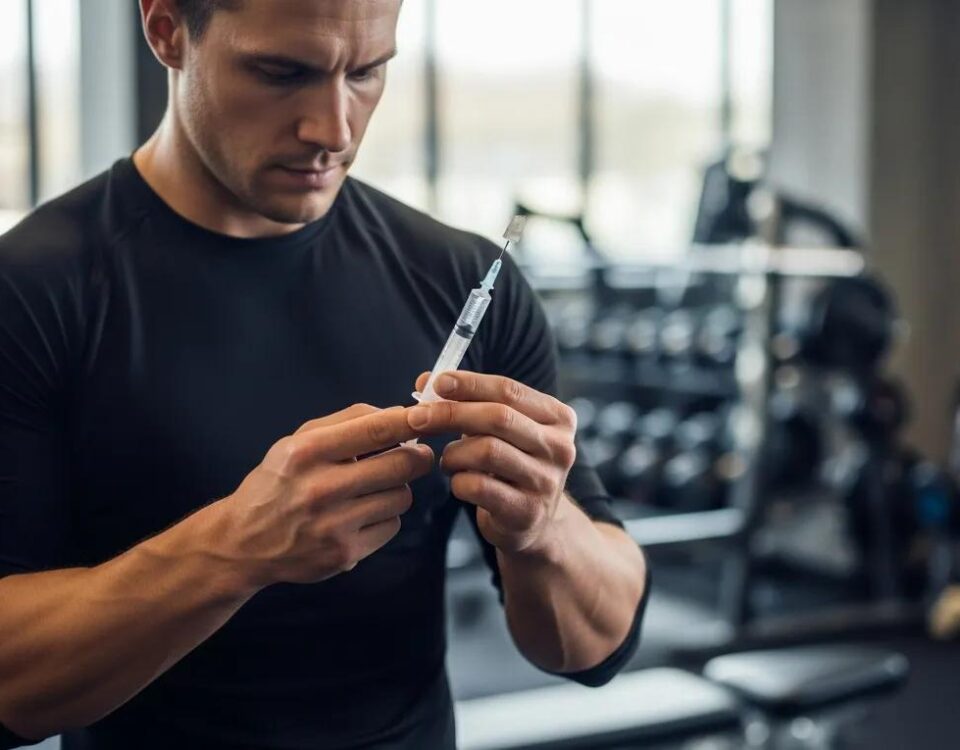 Athlete preparing peptide injection for muscle recovery in a gym setting