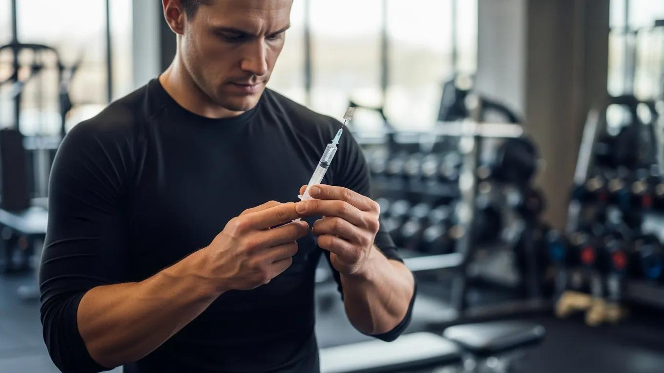 Athlete preparing peptide injection for muscle recovery in a gym setting
