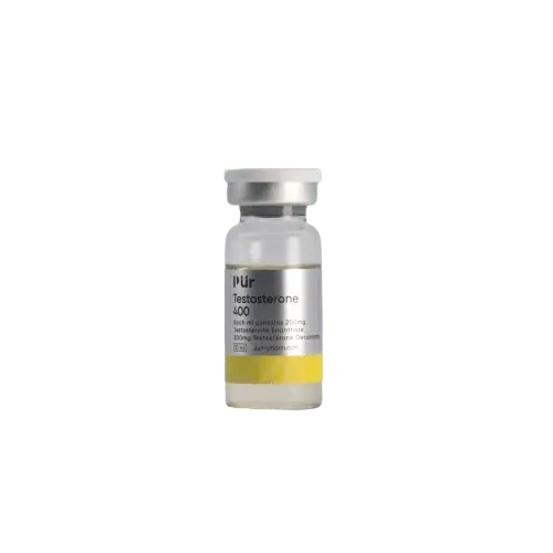 Vial of testosterone enanthate labeled "Pur Testosterone 400," showcasing dosage information relevant to performance enhancement in athletic contexts.