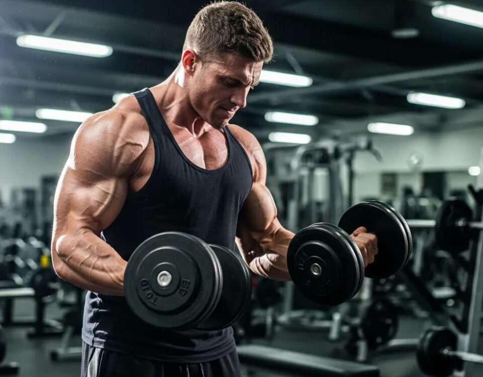 Bodybuilder lifting weights in a gym, representing Anavar's muscle growth benefits