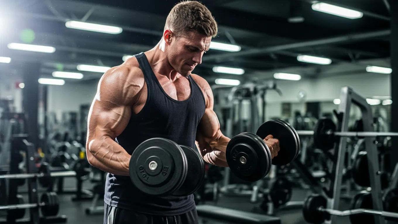 Bodybuilder lifting weights in a gym, representing Anavar's muscle growth benefits