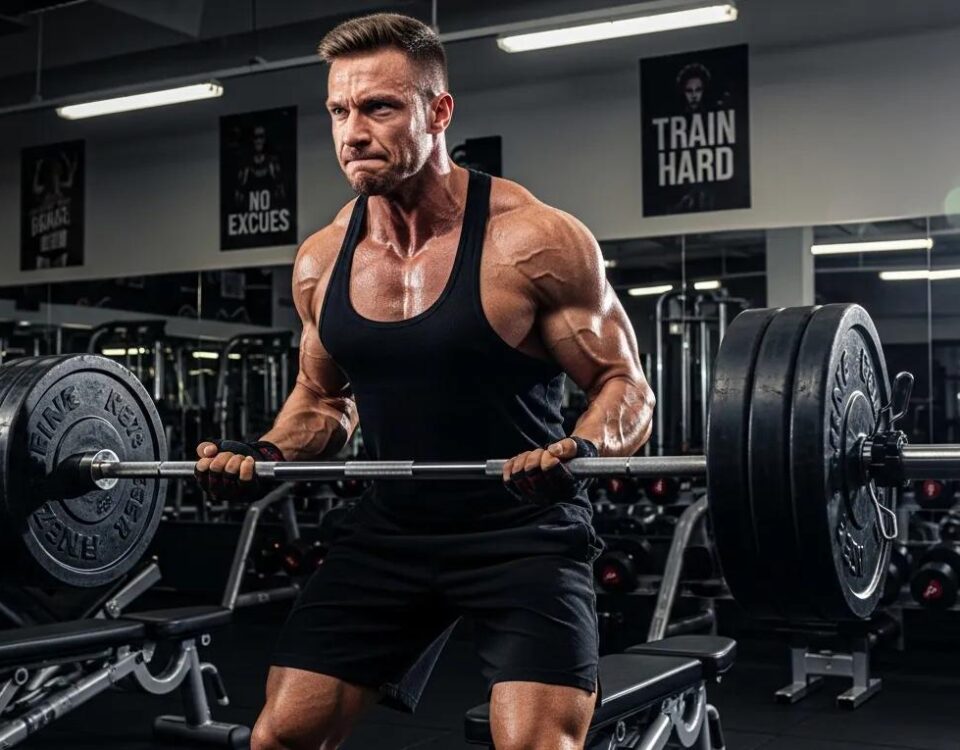 Bodybuilder lifting weights in a gym, representing Dianabol usage for muscle growth