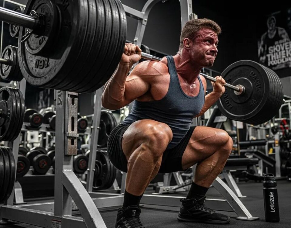 Bodybuilder lifting weights in a gym, representing Letrozole's role in bodybuilding and fitness