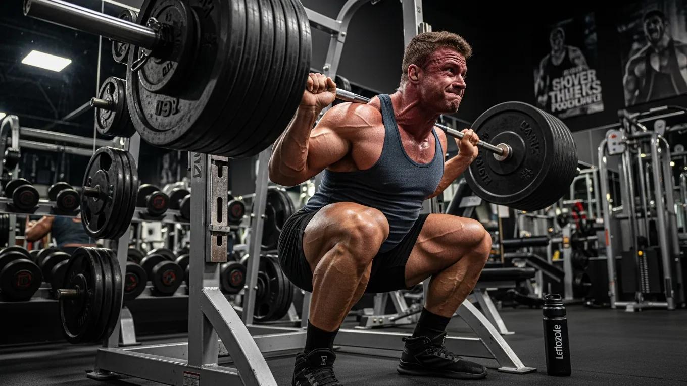Bodybuilder lifting weights in a gym, representing Letrozole's role in bodybuilding and fitness