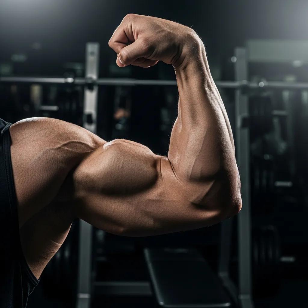 Close-up of a muscular arm flexing, illustrating muscle growth and recovery benefits associated with Testosterone Enanthate.
