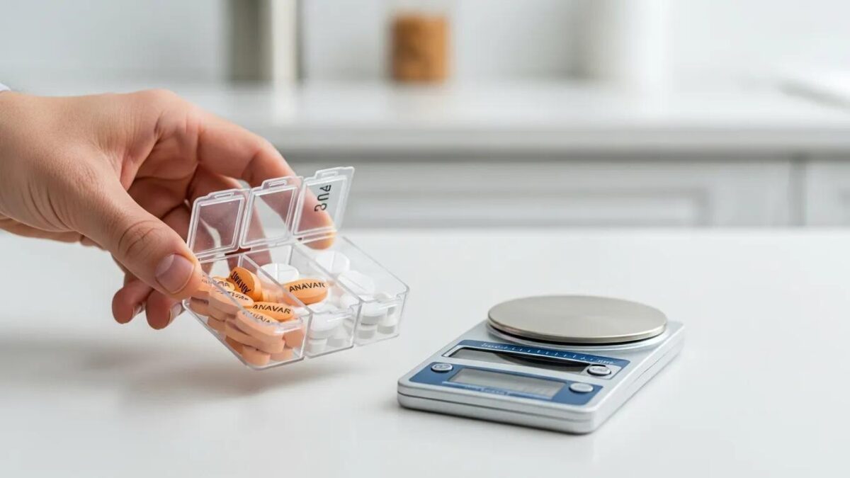 Anavar tablets in a pill organizer illustrating dosage
