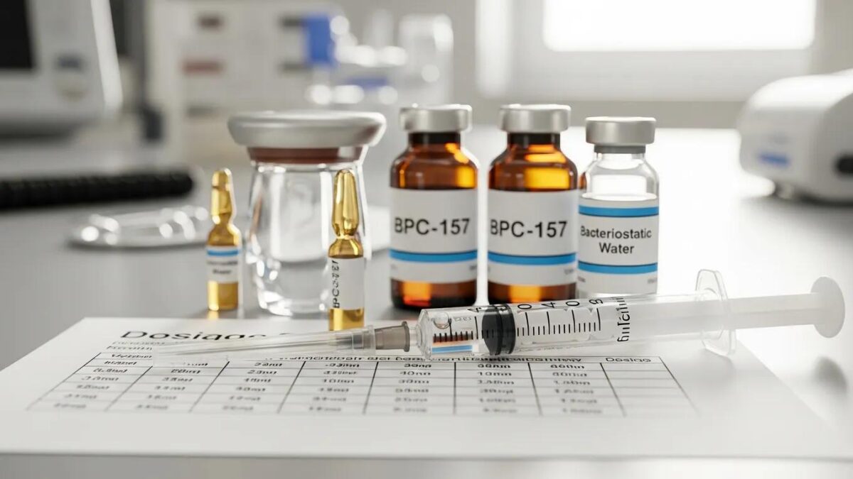 Close-up of BPC-157 dosage chart with syringe and vials in a clinical setting