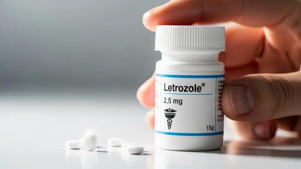 Close-up of Letrozole pill bottle and pills, highlighting dosage guidelines for bodybuilding