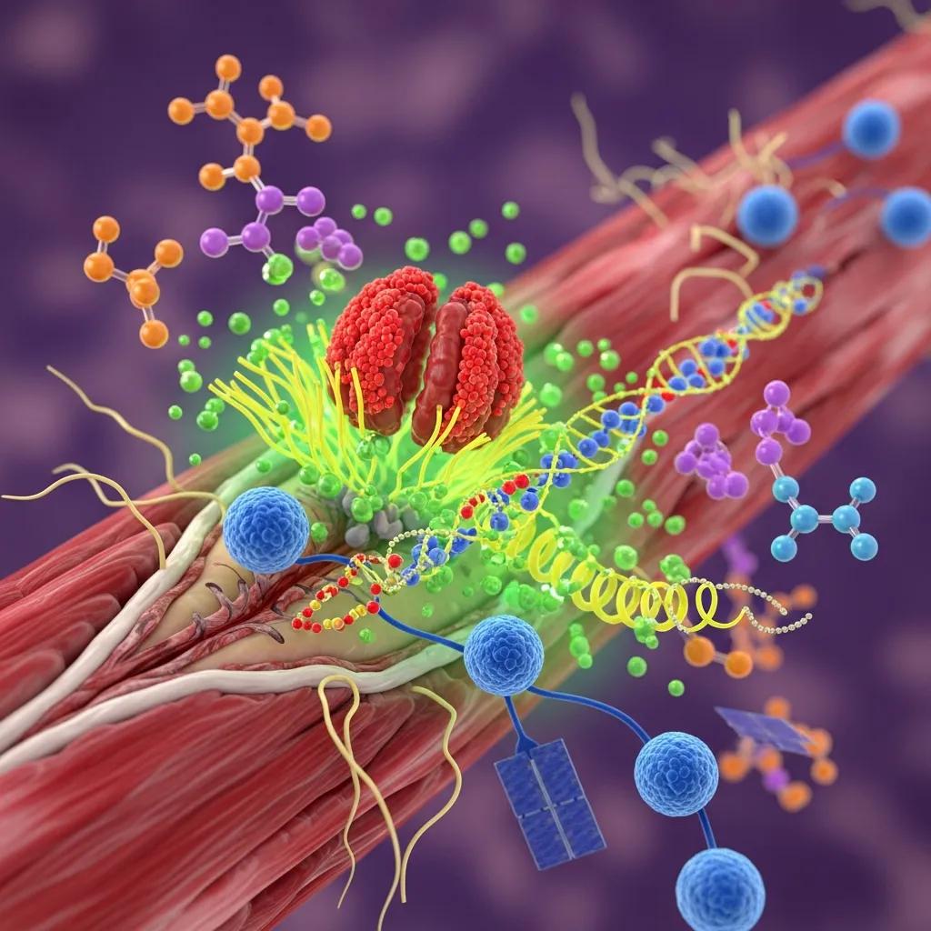 Close-up illustration of muscle fibers depicting protein synthesis, recovery mechanisms, and cellular interactions relevant to Testosterone Enanthate's effects on muscle repair.