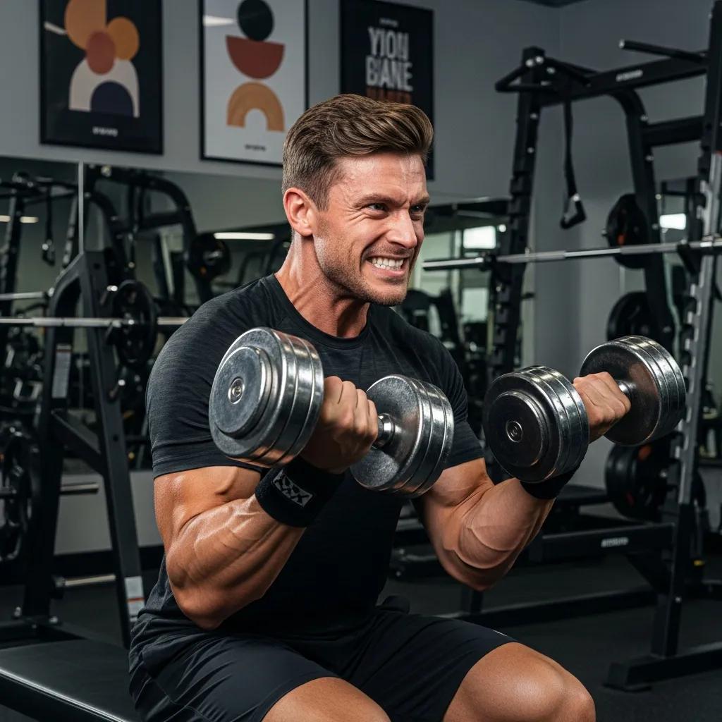 Fit man lifting dumbbells in a gym, showcasing strength training related to testosterone enanthate benefits for men's health and fitness performance.