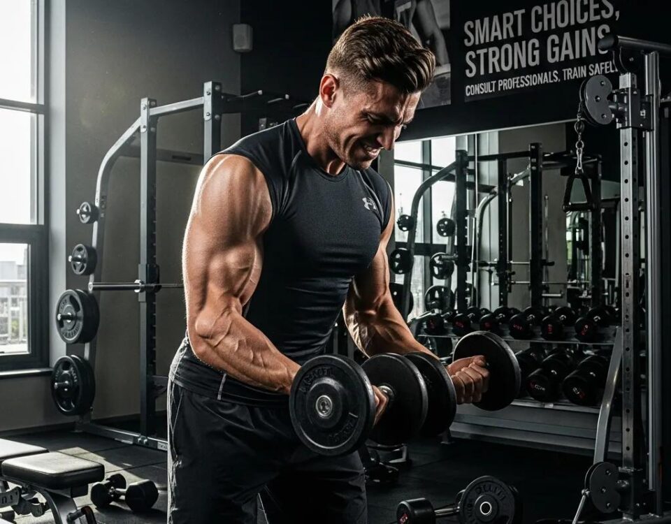 Fitness enthusiast lifting weights in a gym, emphasizing safe use of performance enhancers and promoting informed training practices.