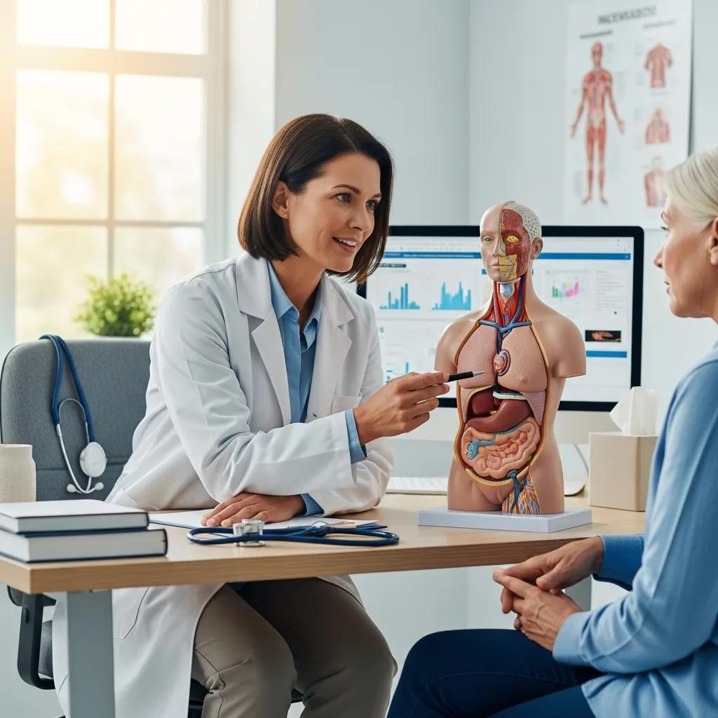 Healthcare professional discussing testosterone enanthate safety and side effects with a patient, anatomical model on the table, computer displaying health data in the background.