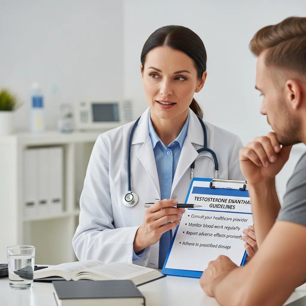 Healthcare professional discussing testosterone enanthate guidelines with a patient, emphasizing safety precautions and monitoring.