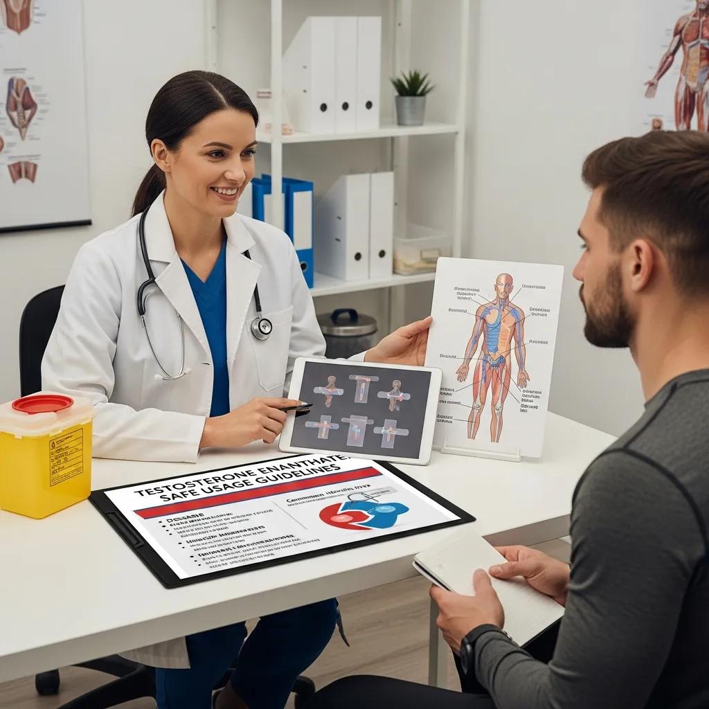 Healthcare professional advising an athlete on safe usage of Testosterone Enanthate, displaying anatomical diagrams and usage guidelines on a tablet and a printed chart.