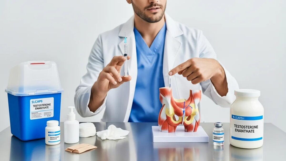 Healthcare professional demonstrating safe injection techniques for Testosterone Enanthate