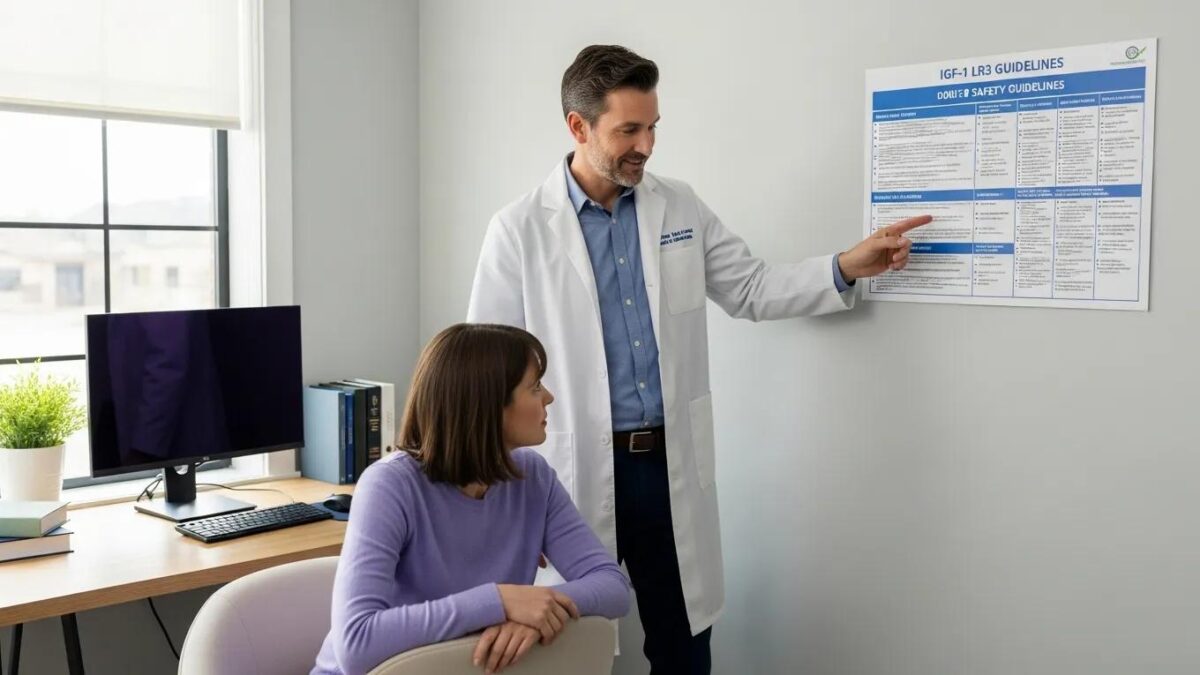 Healthcare professional explaining safety guidelines to a patient, highlighting IGF-1 LR3 safety protocols