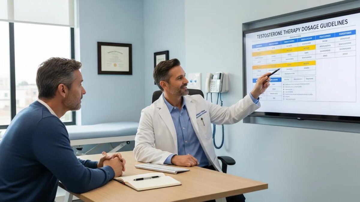 Healthcare professional explaining testosterone dosage guidelines to a patient