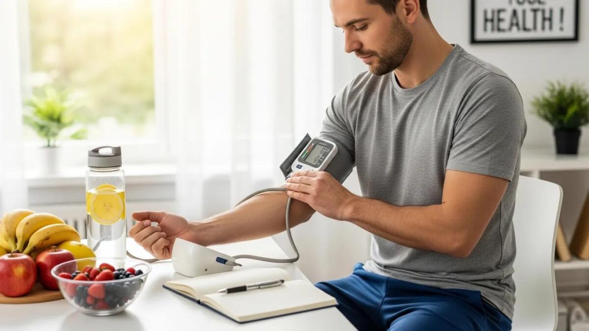 Man checking blood pressure with healthy lifestyle emphasizing safe steroid use and monitoring.