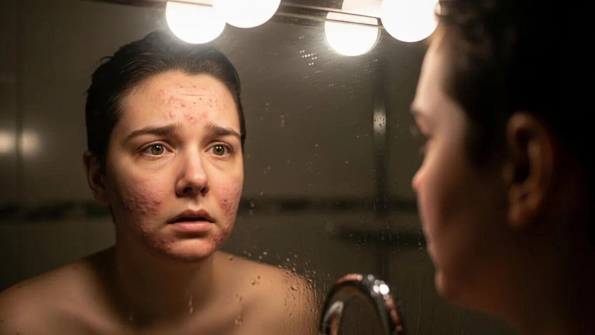 Person examining skin in mirror illustrating potential Dianabol side effects, including acne and skin blemishes.