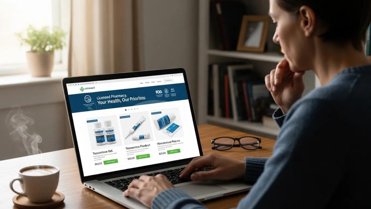 Individual researching testosterone products online, highlighting safe purchasing practices