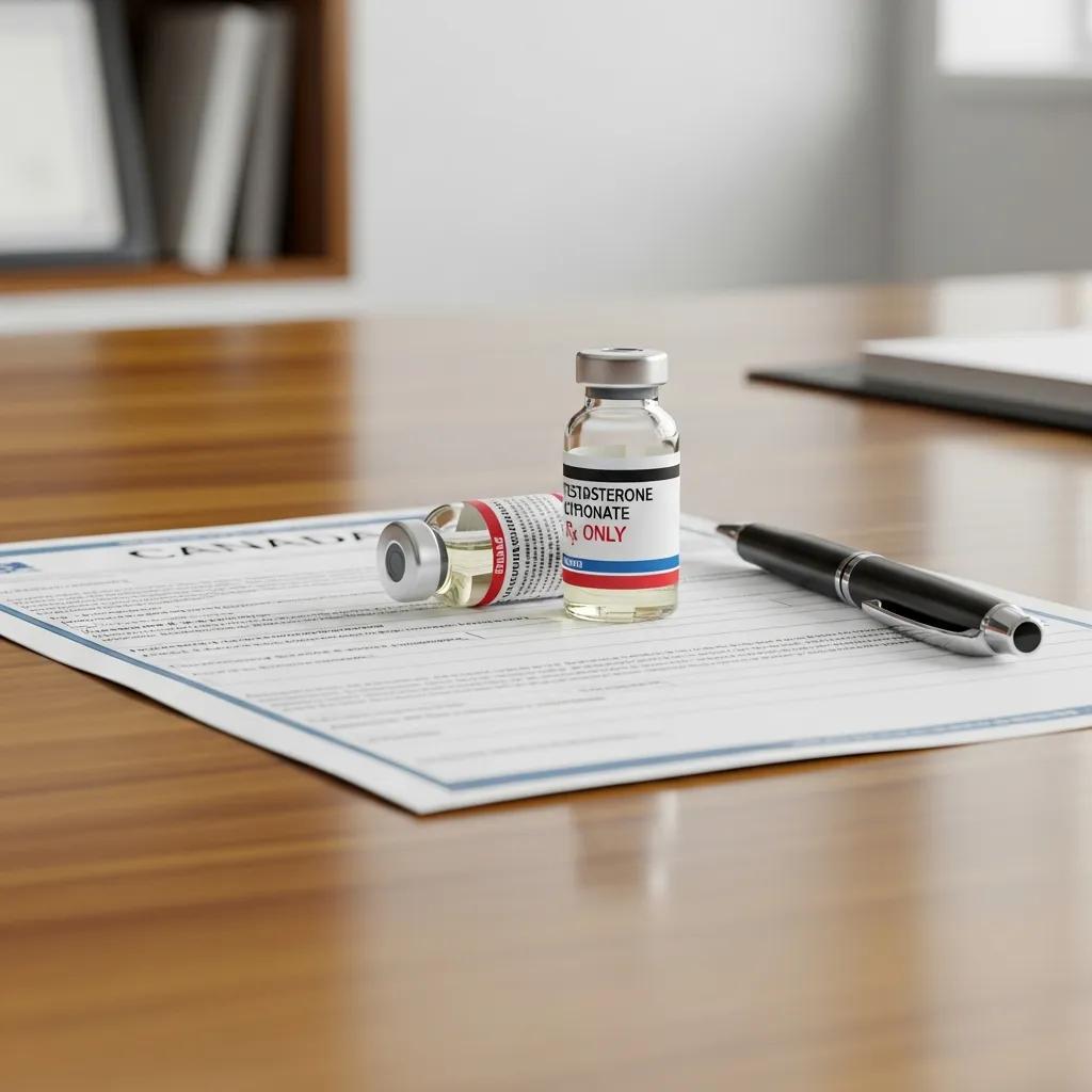 Testosterone vials on a legal document representing regulations for anabolic steroids in Canada.