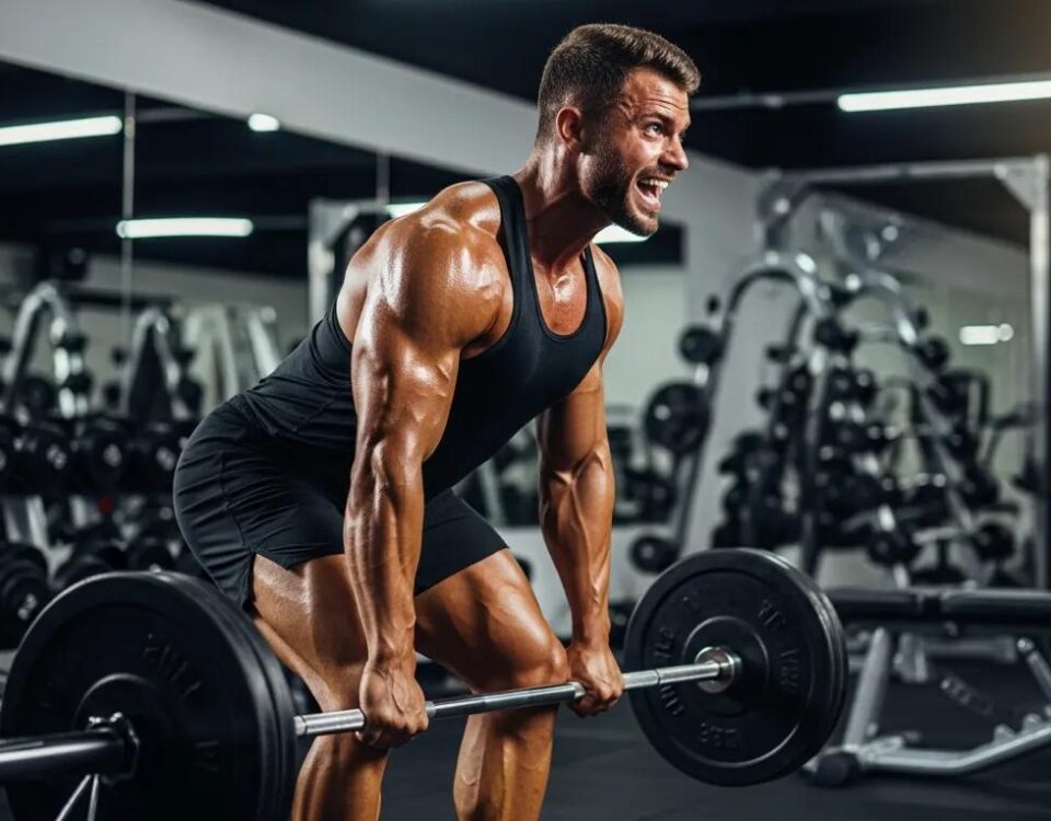 Muscular athlete lifting weights in a gym, representing IGF-1 LR3 benefits for muscle growth