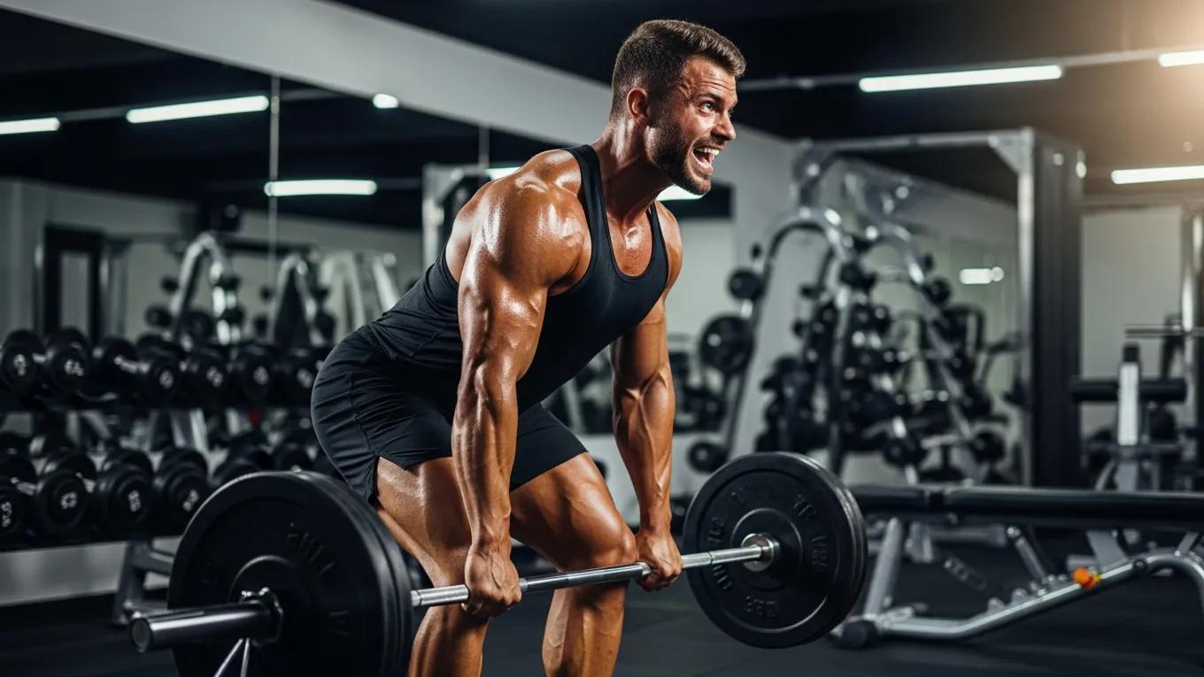 Muscular athlete lifting weights in a gym, representing IGF-1 LR3 benefits for muscle growth