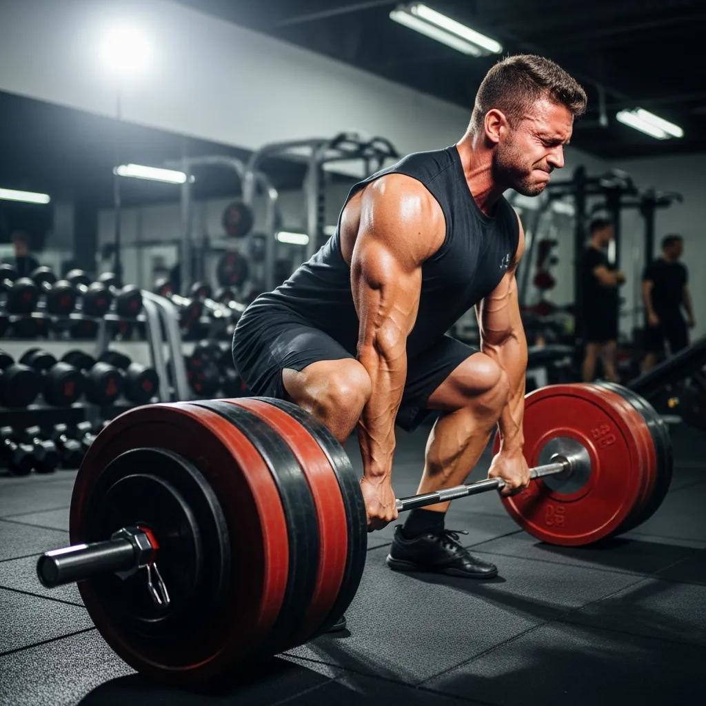 Muscular man deadlifting heavy weights in a gym, showcasing the effects of testosterone enanthate on muscle growth and strength training.