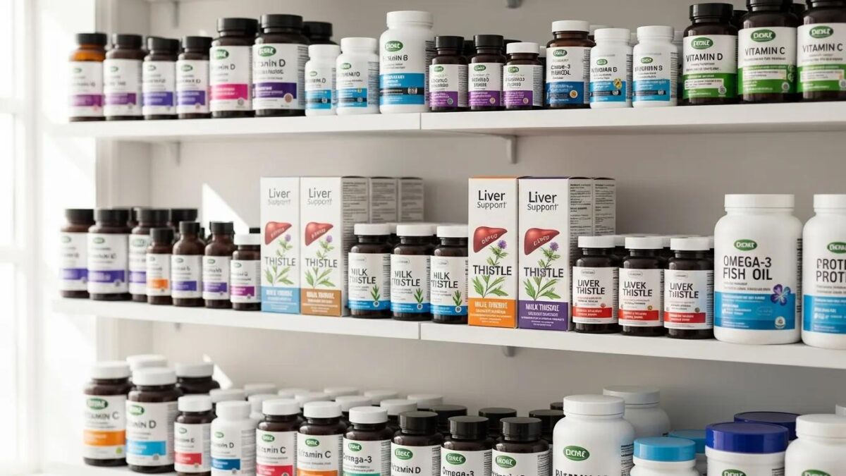 Shelf of health supplements including liver support products and Dianabol guidance.