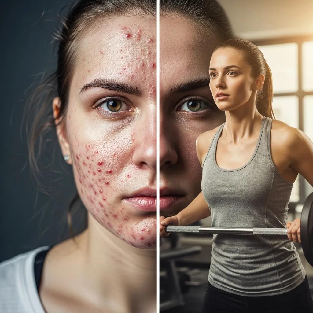 Split image showing side effects of anabolic steroids, featuring a woman with acne on one side and a fit woman lifting weights on the other, illustrating the contrast between negative physical impacts and a healthy fitness lifestyle.