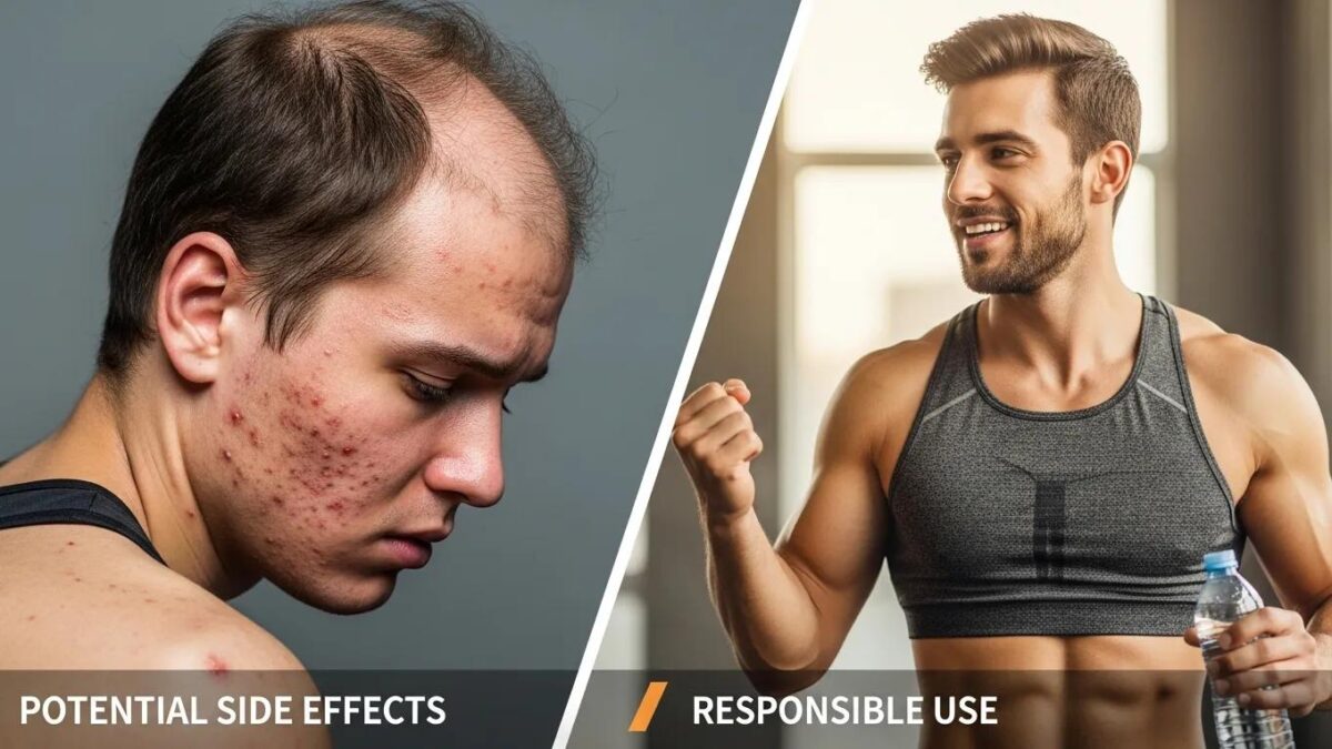 Split-screen image showing potential side effects of Testosterone Enanthate, emphasizing responsible use