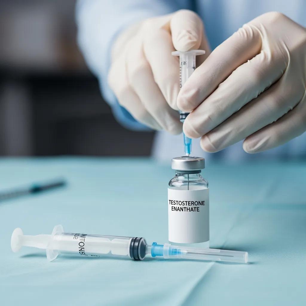Sterile injection setup featuring a gloved hand drawing testosterone enanthate from a vial into a syringe, emphasizing safe injection techniques for anabolic steroid use.