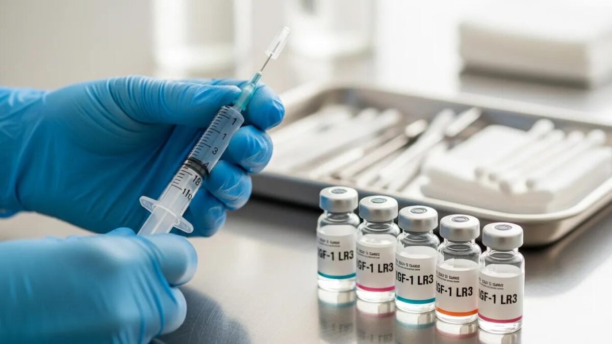 Syringe and vials of IGF-1 LR3 in a clinical setting, illustrating dosage and injection protocols