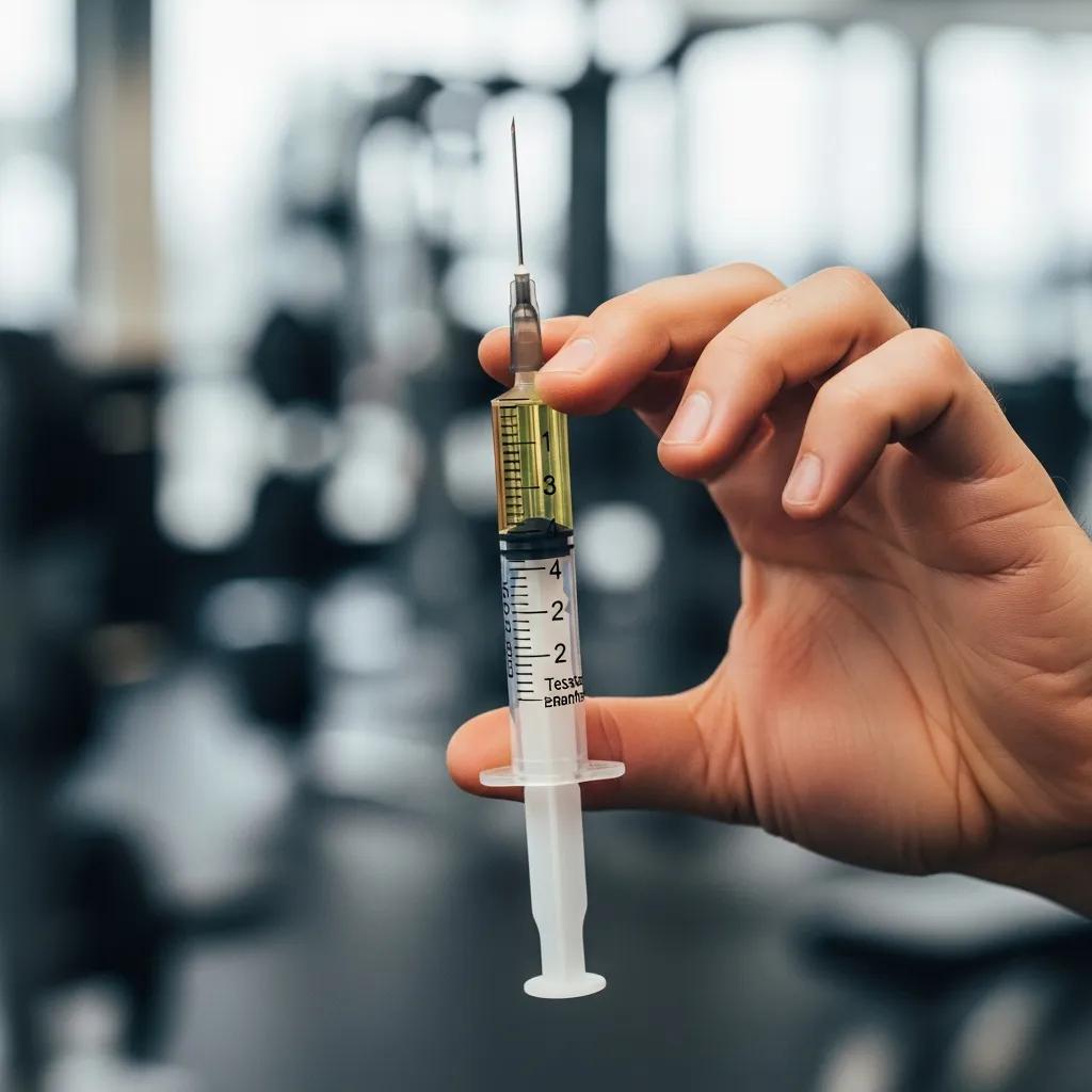 Syringe filled with testosterone enanthate in a fitness setting, illustrating dosage recommendations for muscle growth and recovery.