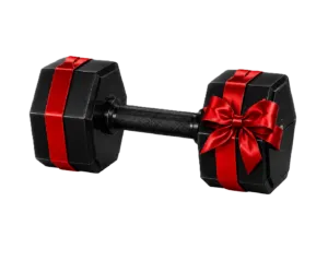 Dumbbell with red ribbon and bow, representing performance stacks and rewards at Alpha Stacks.