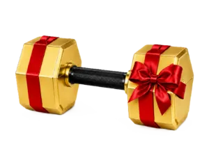Gold dumbbell with red ribbon, performance enhancing products and rewards.