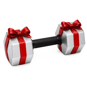 Gift-wrapped dumbbell representing performance stacks and muscle growth supplements.